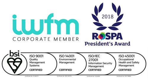 IWFM Corporate Member logo, 2018 ROSPA President's Award logo, BSI ISO 9001, 14001, 27001, 45001accreditation logos